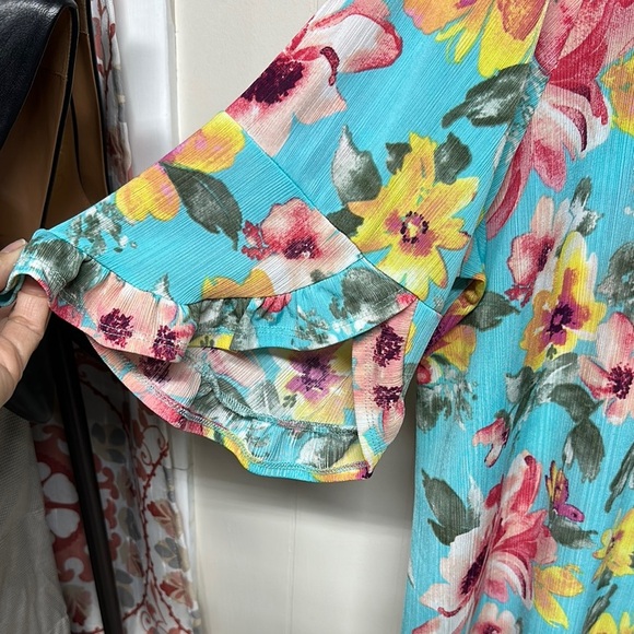 Pink and Yellow Floral 3/4 Sleeve Blouse - Picture 3 of 9